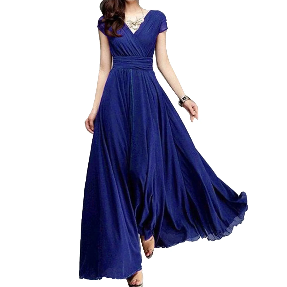Bohemian Women Solid Color Short Sleeve V Neck Tight Waist Maxi Evening Dress | Женская одежда