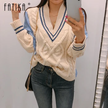 

Fatika Spring Autumn Womens Sweaters V-Neck Casual Minimalist Tops Fashionable Stylish Patchwork Knitting Ladies Clothes