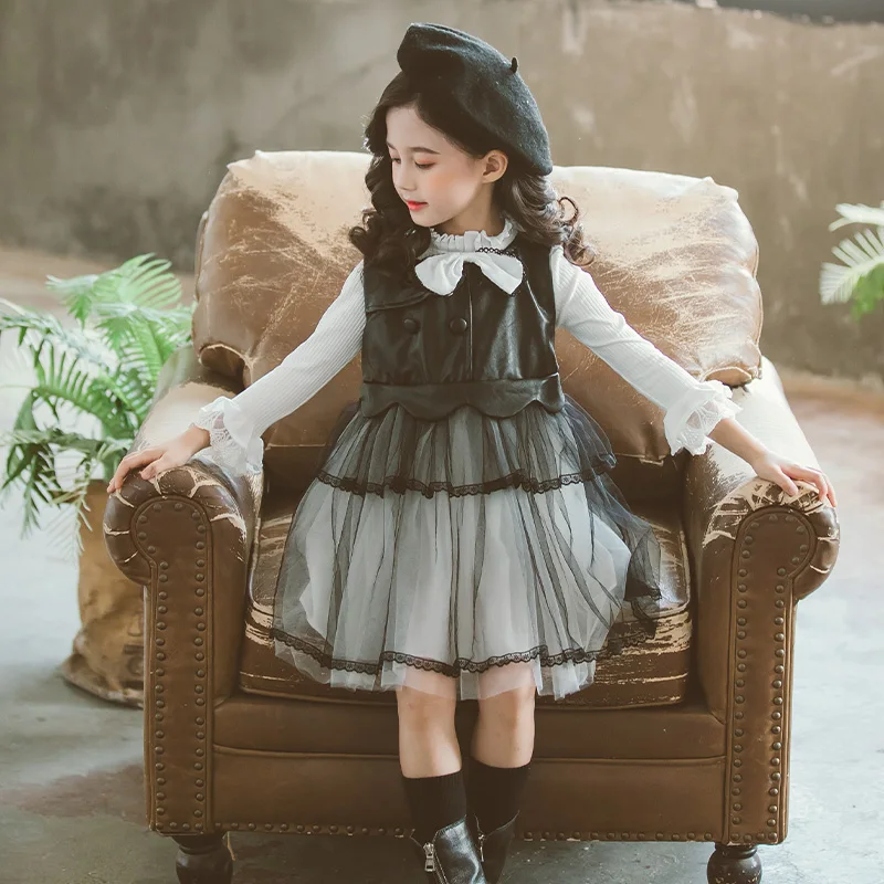 

Spring Girls Sets Bow Elastic Lace T shirt With Pu Sleeveless Dress Teenage Girl Suits Kids Clothing 6 8 10 12 14Year