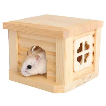 

1pc Natural Wooden Cabin Hamster House Flat Roof Pet Playing Toy Cage Ornament