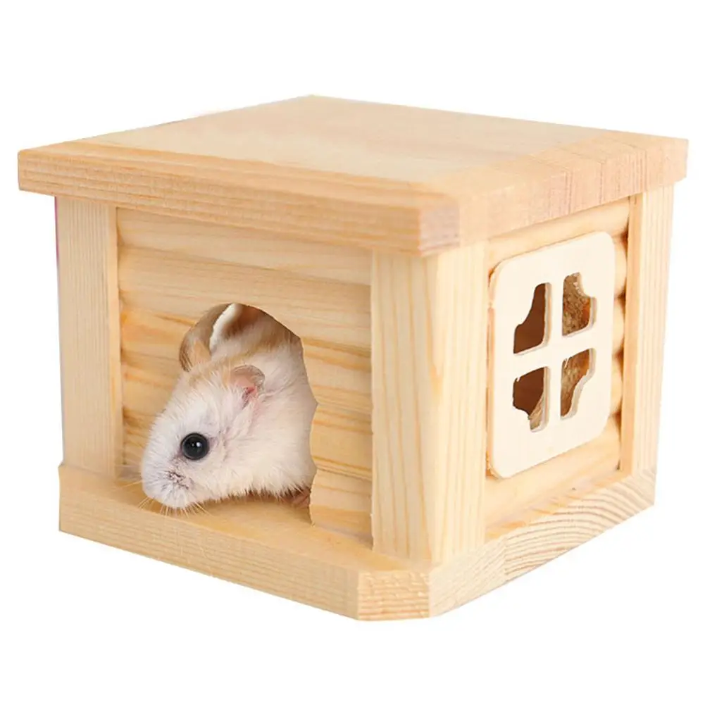 1pc Natural Wooden Cabin Hamster House Flat Roof font b Pet b font Playing Toy Cage