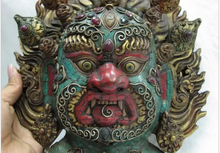 816++++++Tibetan Buddhism Wood inlay turquoise coral ruby beryl Mahakala Buddha Head Mask | Дом и сад
