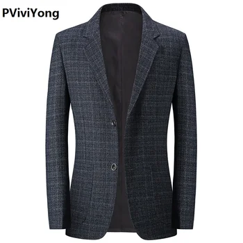 

PViviYong 2019 New Middle-aged Men high quality slim lattic Blazer Jacket Two Button Lapel Casual Long Sleeve Pockets Top 1926