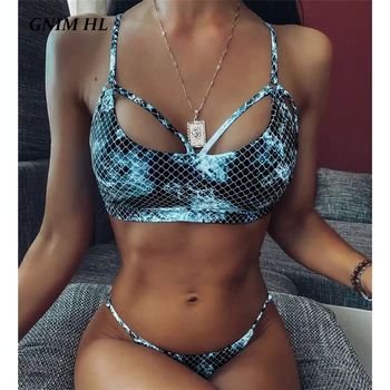 

GNIM Sexy High Cut Print Swimwear Women Push Up Summer Thong Bikini Mujer 2020 Low Waist Brazilian Swimsuit Female Two Piece New