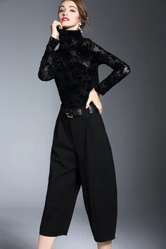 

High quality!Women's Spring summer autumn turtleneck see-through sexy black base shirt Female lace slim chic tops blouse TB3621