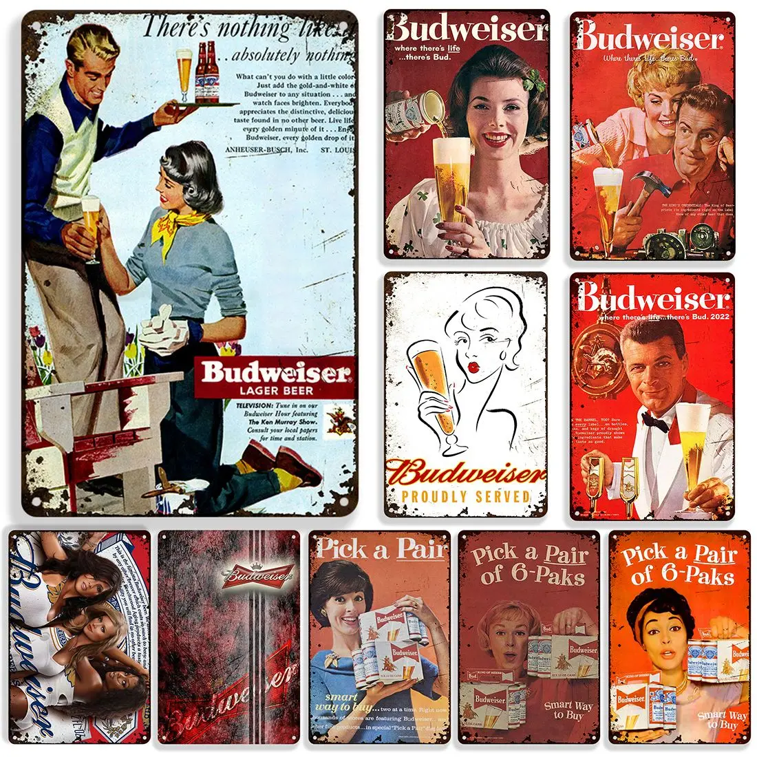 Budweiser-Affiche vintage en métal pour décoration murale, plaque de bière, homme, diversification, maison, garage, 18 pièces
