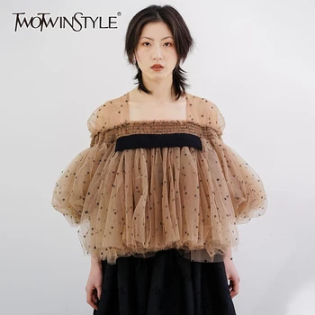 

TWOTWINSTYLE Elegant Dot Mesh Women Shirt Square Collae Puff Three Quarter Sleeve Loose Ruffle Patchwork Hit Color Blouse Female