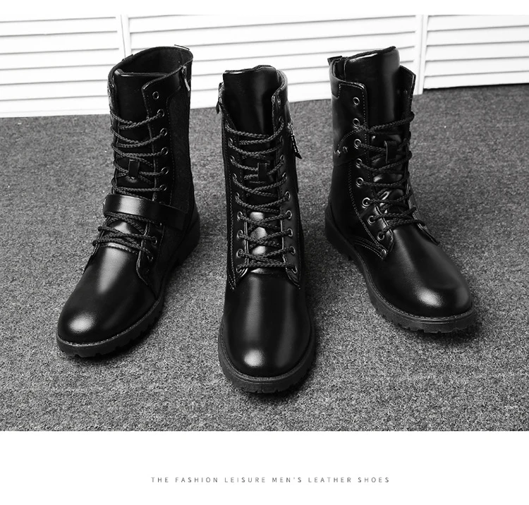 Winter Men Motorcycle Boots Fashion Mid-Calf Punk Rock Punk Shoes Mens BootsLeather Black High top Casual Boot Man