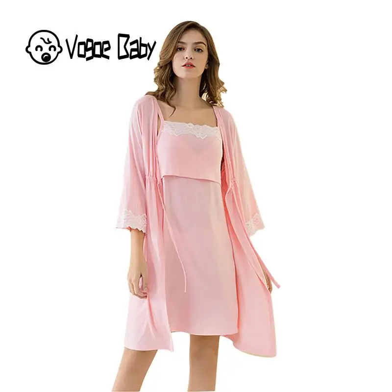 2pcs/set Pregnancy Pajamas Sleepwear Nursing Pregnant Woman Sling Breastfeeding Nightgown Maternity Labor Dress+Robe Childbirth