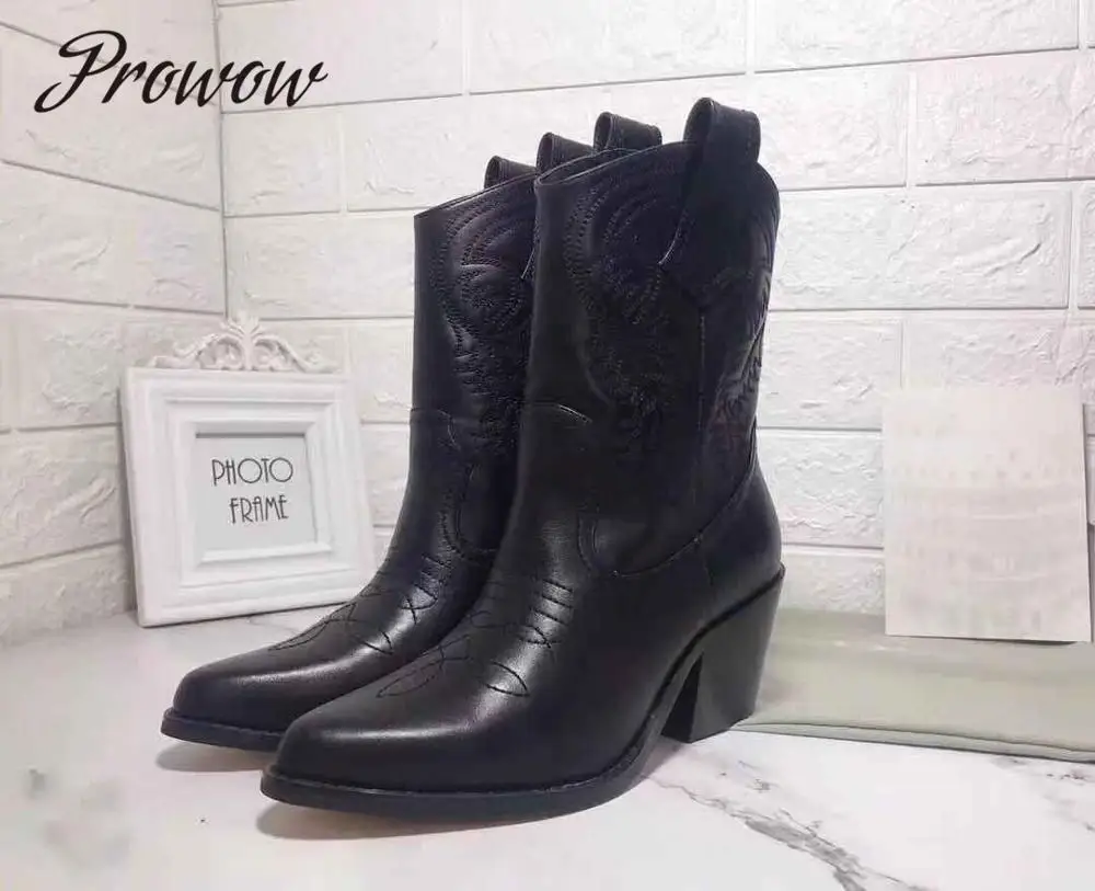 

Prowow Genuine Leather Slip On Brand Autumn Winter Boots Sexy Pointed Toe Thick Heel Floral embroidery Cowboy Women Boots