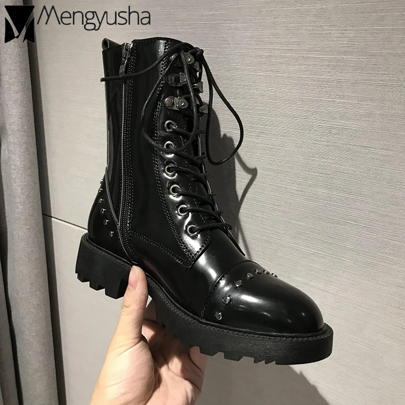 Metal Rivets martin punk boots women black lace-up thick heels booties winter plush patent leather mid-high zip motorcycle botte