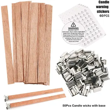 

MILIVIXAY 50Pc Smokeless Wooden Natural Candle Wicks with Iron Stand+60Pc 1.2inch Candle Warning Stickers for DIY Candle Making