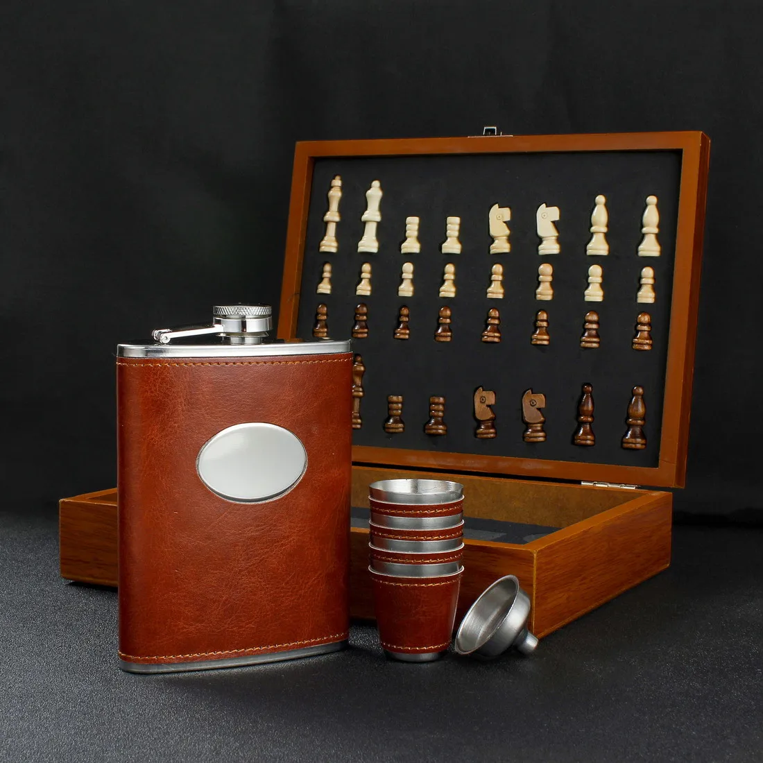 Hip Flask 8oz Gift Set Stainless Steel Rust Tan Leather Flask 2 Cups and Funnel 
