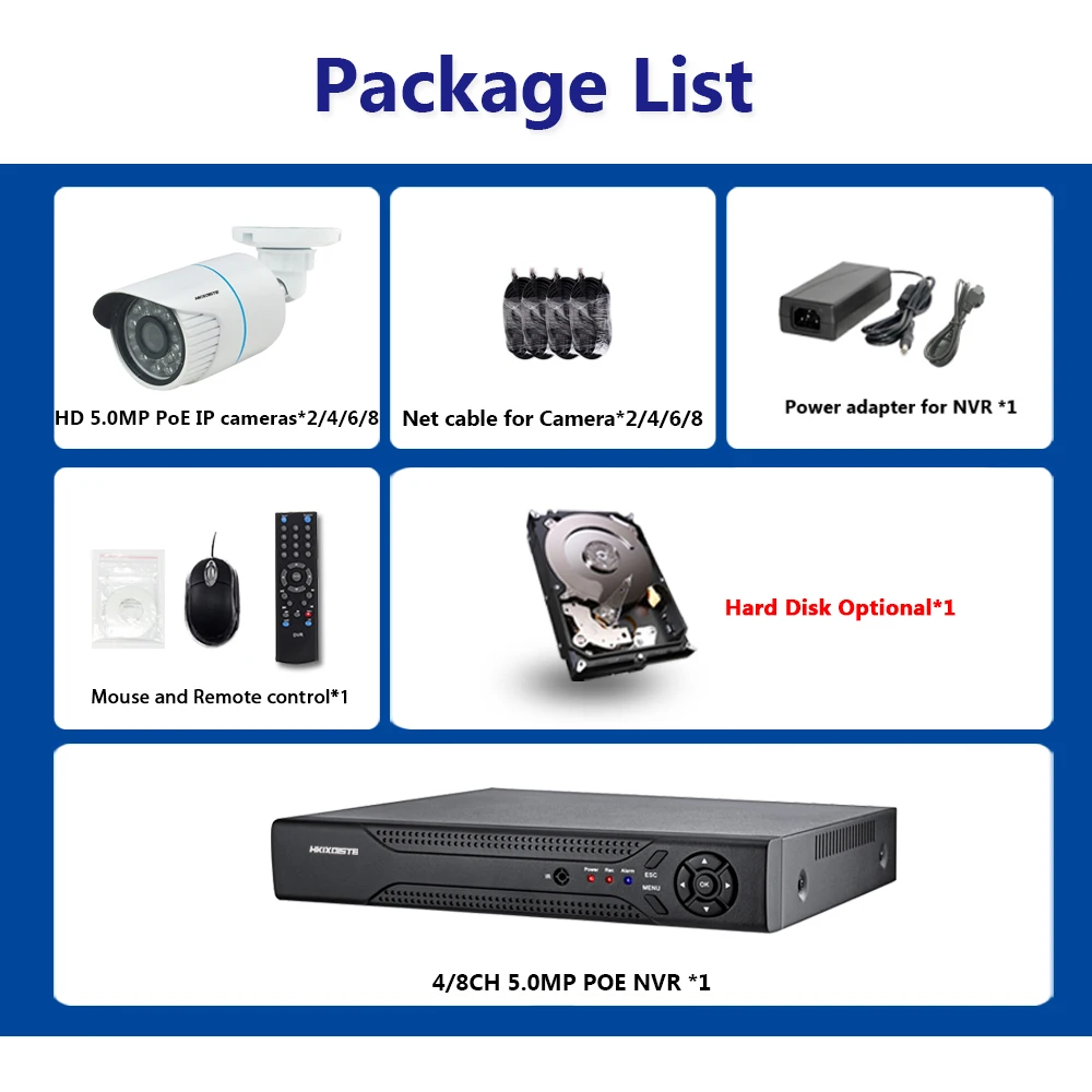 Супер HD 2592*1944 POE 5MP NVR 8CH порты Макс 16*5 Мп IP камера, ИК-фильтр ночного видения может быть установлен в комнате/улице CCTV комплект