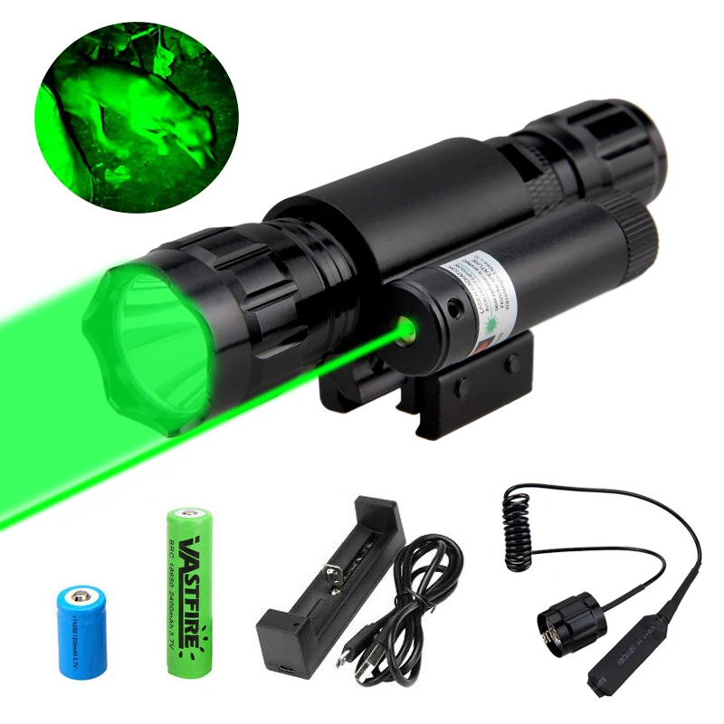 US $11.59 501B Tactical GreenRedWhite LED Flashlight With Green Laser Dot Sight Hunting TorchGun Mount RailSwitch18650CR2Charger