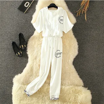 

Autumn New Women's two piece Suit White Letters Print Hooded Shirts loose SweatPants Leisure Suit Set Spring Wear 2020