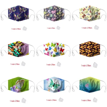 

1 PCS Adult Mask Butterfly Pattern Breathable Washable Reusable Mask with 2 Filters PM2.5 Anti-dust Windproof Pringting Mask