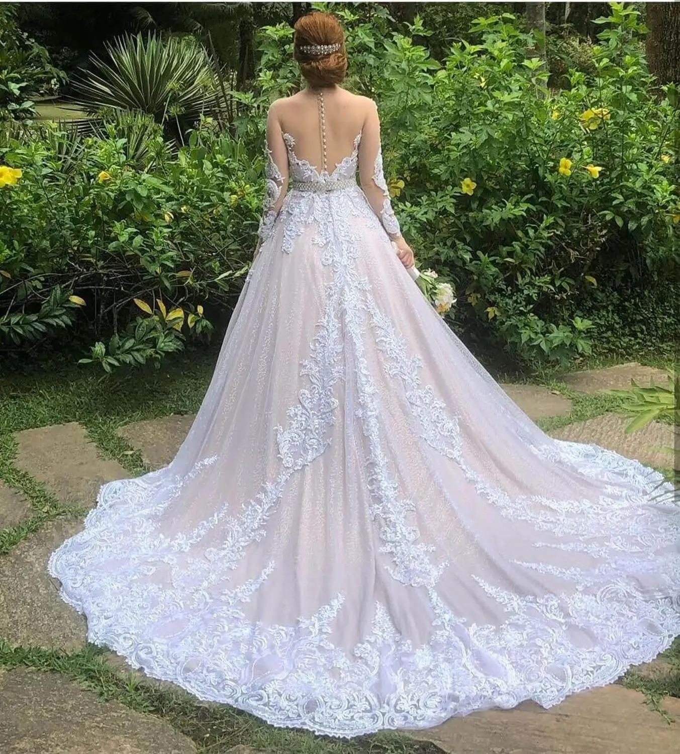 Vestidos De Novia роскошное Кружевное Свадебное Платье Иллюзия длинный рукав пуговицы Длинные свадебные платья с юбкой robe de mariage