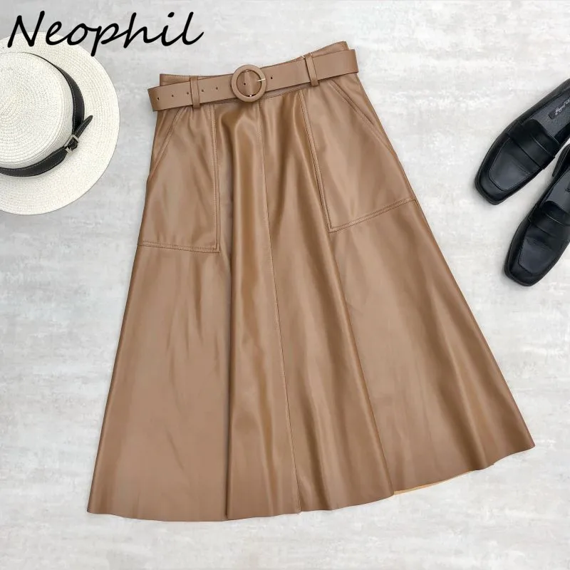 Neophil 2023 Winter Women Pu Faux Leather Pockets Belt Midi Skirts Vintage High Waist Ball Gown A-Line Skirt Longa Saia S21703 belt sabbia кресло