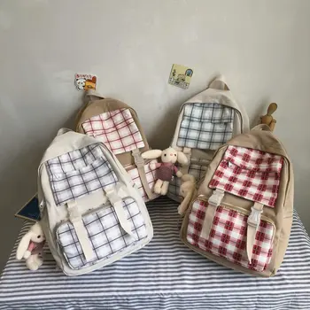 

Women School Backpacks 2020 Summer New Fashion Female Plaid Canvas Shoulder Bags Students Bookbag Backpack for Teenage Girls