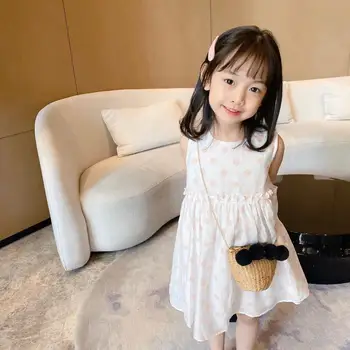 

summer girls dress cotton dress sleeveless yellow pink dot pattern sweet kids dresses