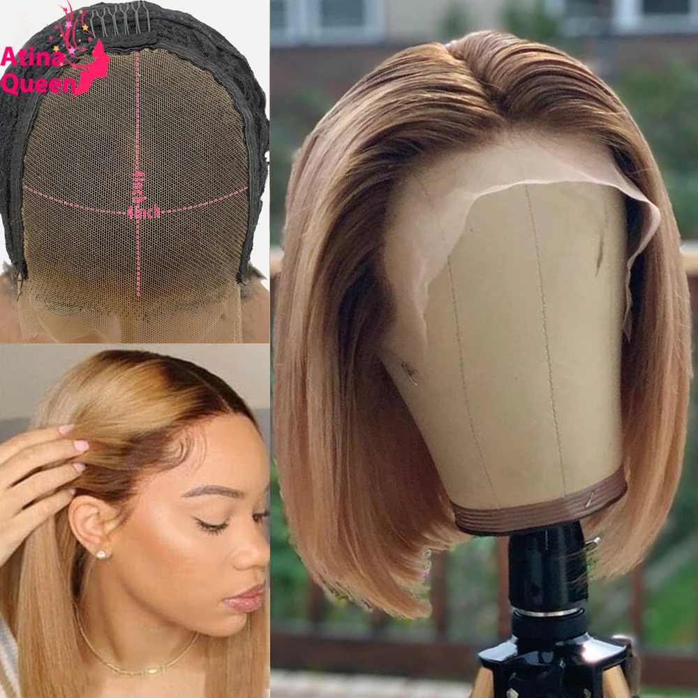 

Ombre Human Hair Short Bob Wig Brown Honey Blonde Colored 13x6 Lace Front Wigs Remy 4x4 Lace Closure Wig Preplucked 150 Density