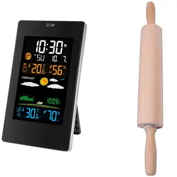 

Wall Clock Color Weather Station LCD Digital Alarm Temperature Humidity & Rolling Pin Cookie Biscuits Beech Solid Wood