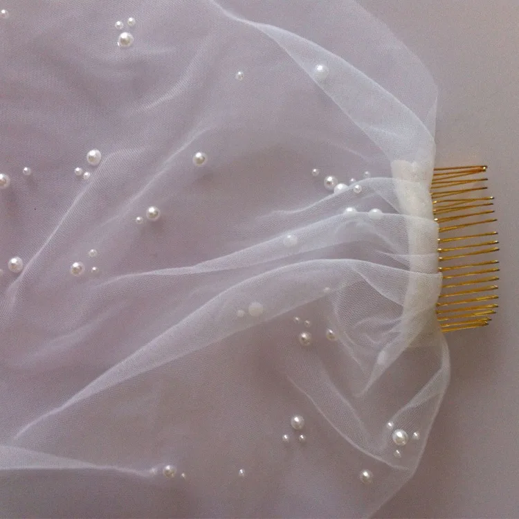 Wedding Veil Tulle Blusher Pearls One Layer Beaded Womens Bridal Accessories for Bride Girls