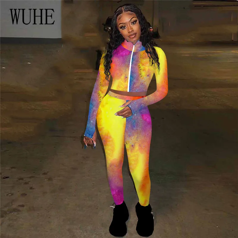 

WUHE Tie Dye Print Women Long Sleeve Tops and Pencil Pants Two Piece Set Autumn Matching Sets for Women Joggers Suit Sets