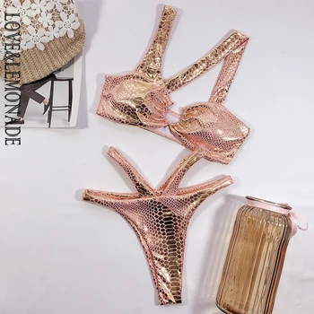 

LOVE & LEMONADE Sexy Pink Cut Out Cross Reflective Material High Slit Bikini LMSW99
