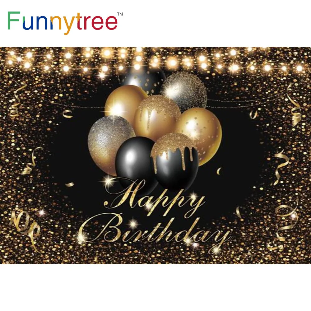 

Funnytree Happy Birthday Party Gold Dots Bokeh Backdrop Balloons Black Lights Banner Ribbons Decoration Photocall Background