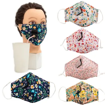 

Flower Print Unisex Face Masks Cotton Valve Facial Mouth Mask with Straw‘s Hole Adults Kids Dustproof Mouth-muffle Travel Masks