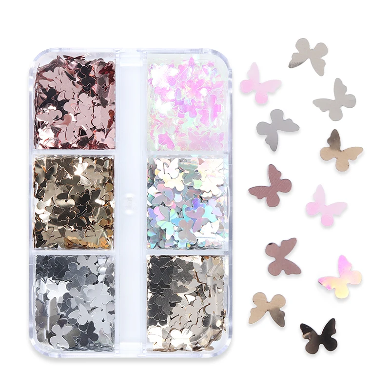 6 Grids 5mm Rose Gold Butterfly Nail Art Sequins Set Laser Metallic Glitter Flakes DIY Decorations Accessories | Красота и здоровье
