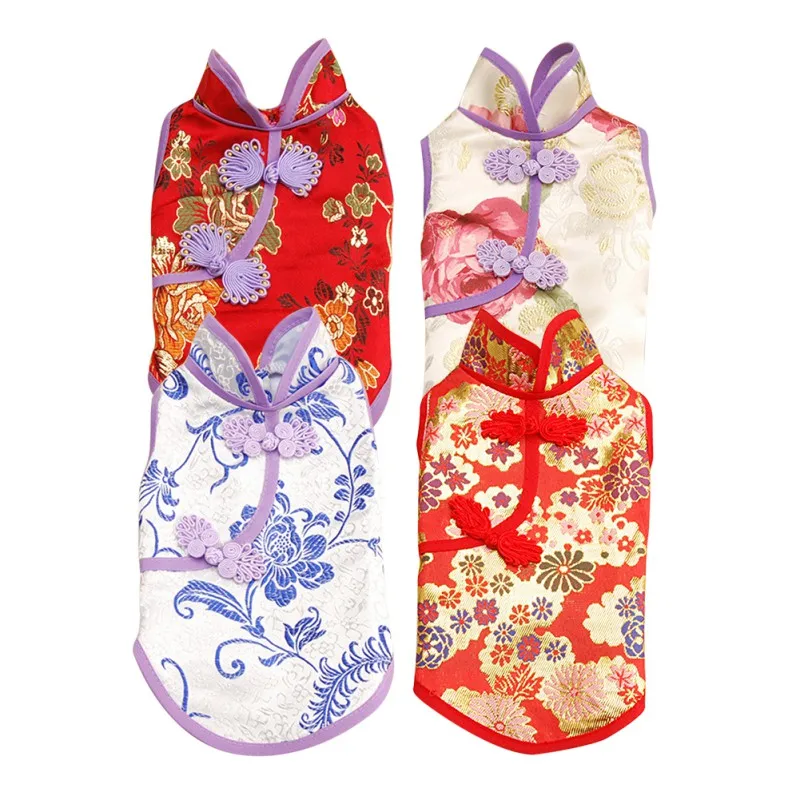 Одежда для собак cheongsam, кошек, собак, Весенняя и Летняя Одежда для питомцев, одежда принцессы на день рождения, щенок, цветочный узор, юбка Cheongsam, дышащая