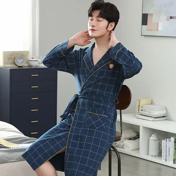 

Autumn Winter New Men Cotton Robe Plus Size Plaid Pajamas For Bath Casual Long Dressing Gown Knit Cotton Mens Bathrobes For Home