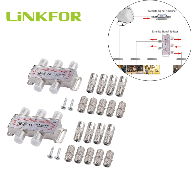LiNKFOR 2Pcs 4 Way tv/CA tv широкополосный сплиттер двунаправленный MoCA 5-2500MHz с F к коаксиальному адаптеру/F к F встроенный Столяр