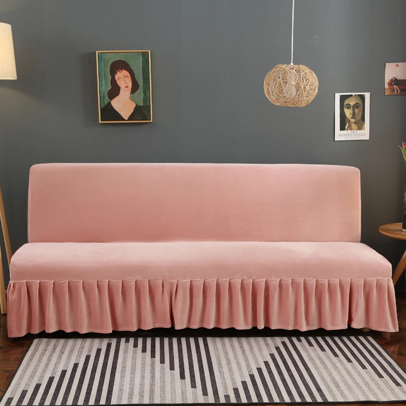 Плюшевый раскладной диван-кровать, бархатный однотонный диван-кровать, покрывало без подлокотника, покрывало для кровати, нескользящий диван, домашний декор - Цвет: Розовый