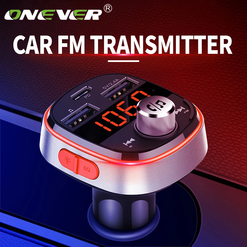 Onever Bluetooth 5,0 fm-передатчик, Автомобильный MP3-плеер, беспроводной комплект, двойное зарядное устройство USB, режим громкой связи, режим эквалайзера, PD интерфейс, RGB подсветка