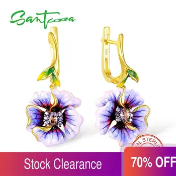 

SANTUZZA Silver Flower Earrings For Women 925 Sterling Silver Dangle Earrings Silver 925 Cubic Zirconia brincos Jewelry Enamel