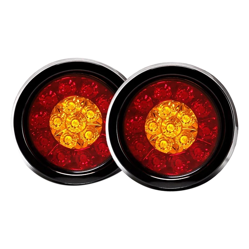 2Pcs 4Inch Round Led Amber Red Taillights With Rubber Grommet 16 12V Stop Brake Running Reverse Backup Light For Truck | Автомобили и