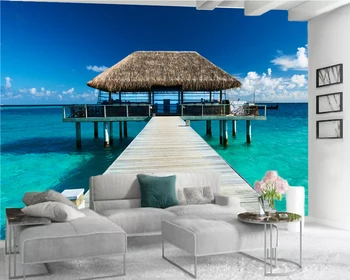 

Custom 3d Seascape Wallpaper Romantic Sea Thatched House Romantic Landscape Decorative 3d Wallpaper for Walls Luxury
