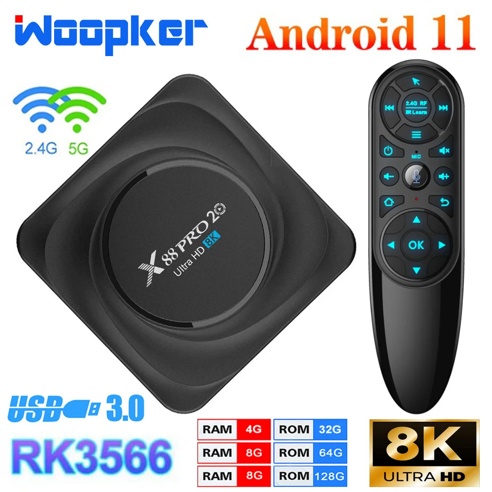 Приставка Смарт-ТВ RK3356 2021 дюйма Android 11 0 двойной Wi-Fi 2 4G/телефон 4 ГБ 8 32 64 128 8K X88 Pro 20