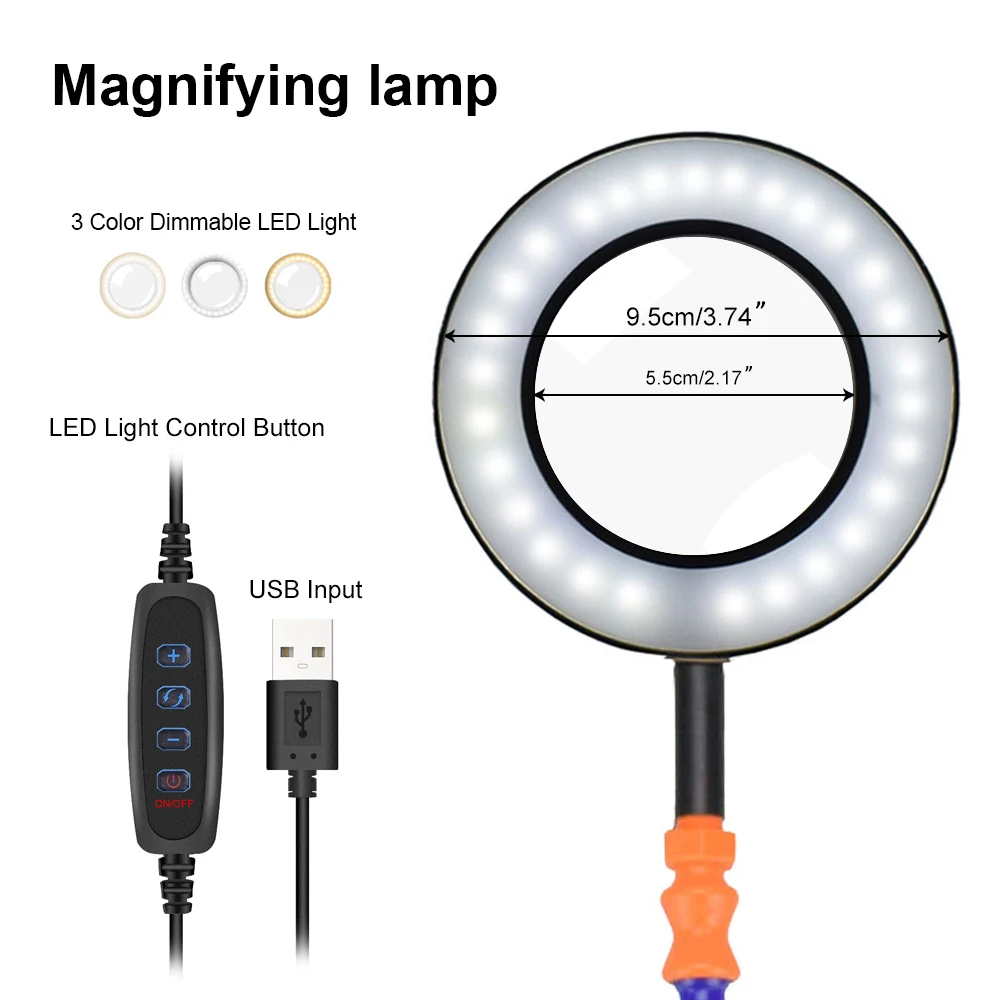 NEWACALOX Desk Clip PCB Soldering Holder 3X Magnifier with LED Light Welding Helping Hand Flexible Arm Soldering Third Hand Tool