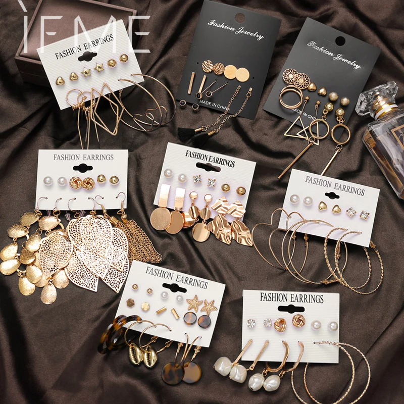 Drop-Earring-Set Jewelry Crystal Geometric Fashion Women Irregular Metal Gold for Round