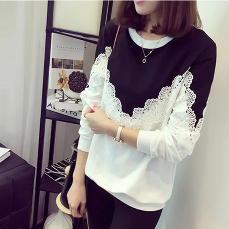 Ladies sweater autumn and winter new stitching lace headband long-sleeved jacket large size solid color wild loose bottoming shi | Женская