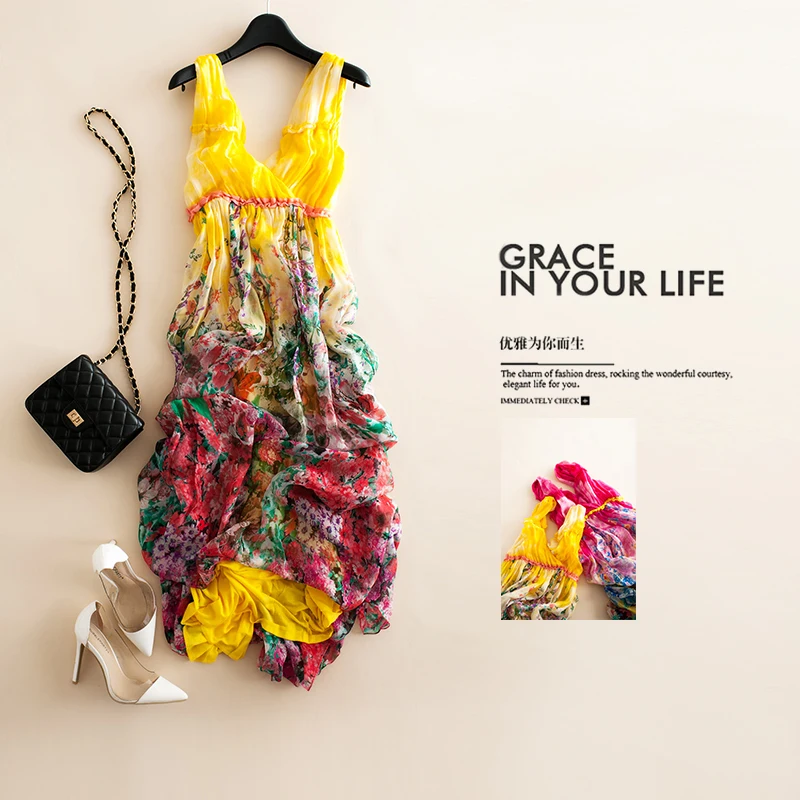 

Real Silk Dress Women Summer Boho Vintage Sexy Maxi Vestidos Elegant Ladies Print Beach Party Dresses Ropa Mujer LW2753