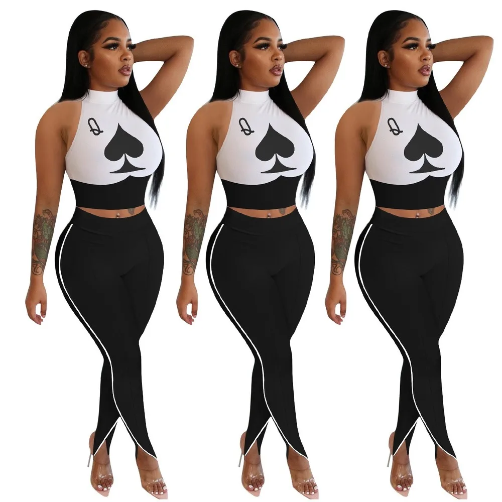 Sleeveless Two Piece Set Women Turtleneck Pinted Poker Q Crop Top +Tight Tail Bottom Pants Club Party Street Plus Size Set S-4XL Sleeveless Two Piece Set Women Turtleneck Pinted Poker Q Crop Top +Tight Tail Bottom Pants Club Party Street Plus Size Set S-4XL