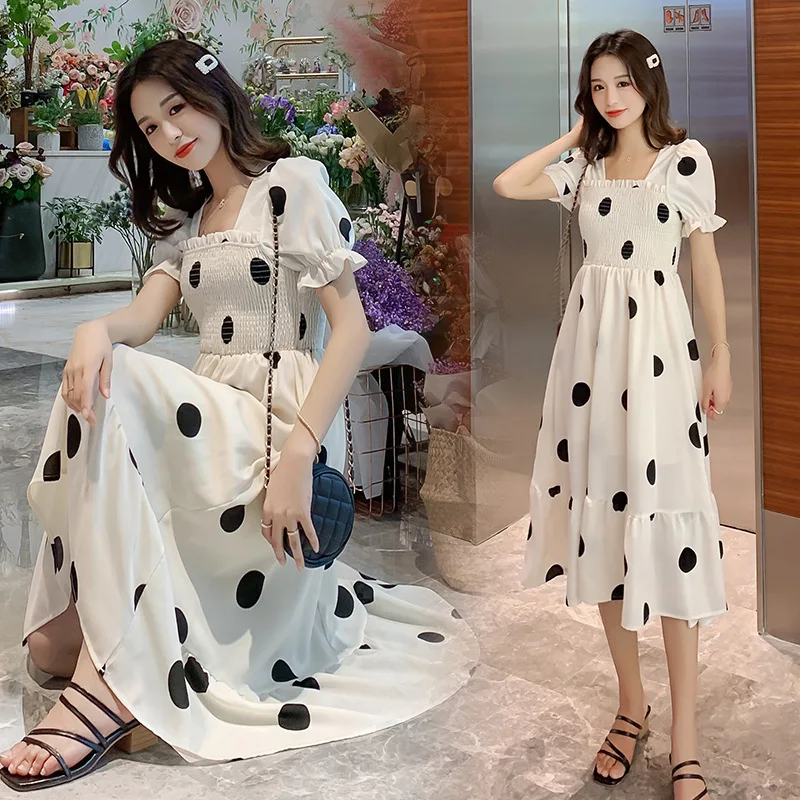 

Maternity Clothes 2019 Summer Dress Elegant Slimming Square Collar Puff Sleeve High-waisted Chiffon Polka Dot Dress