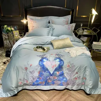 

Papa&Mima Peacock Silkly Egyptian Cotton Bedding Set Embroidery Queen King Size Duvet Cover Flat Fitted Sheet Pillow Shams