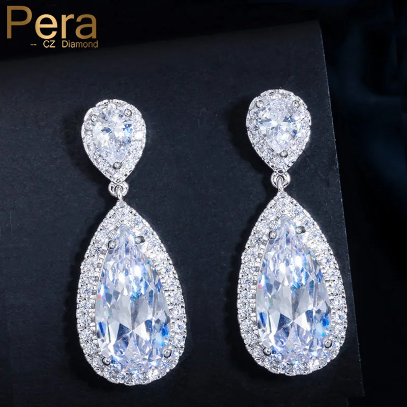 Pera clássico grande gota de água aaa + zircônia cúbica cor prata luxo casamento nupcial longo balançar brincos jóias para noivas e633
